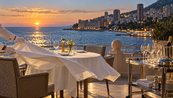 A tablecloth floats over a sea terrace table at sunset