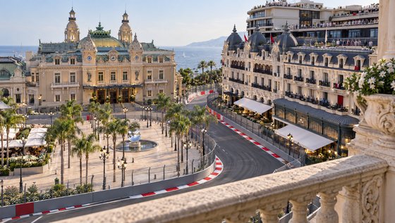 The Place du Casino dressed as a street circuit, seen from the hotel balcony