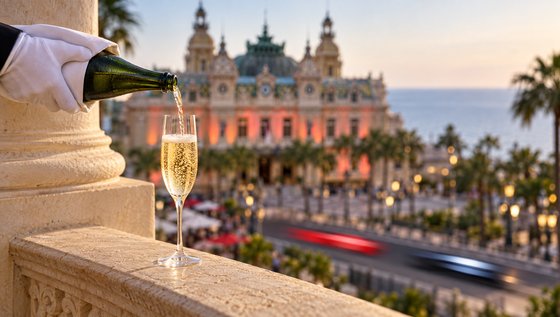 A white-gloved hand pours champagne on the balcony rail as blurred race cars pass below