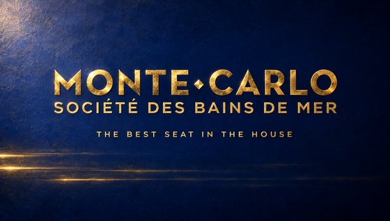 Gold Monte-Carlo lettering on deep blue with the line the best seat in the house