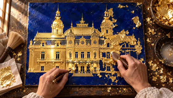 The half-gilded facade panel with the gilder's hands