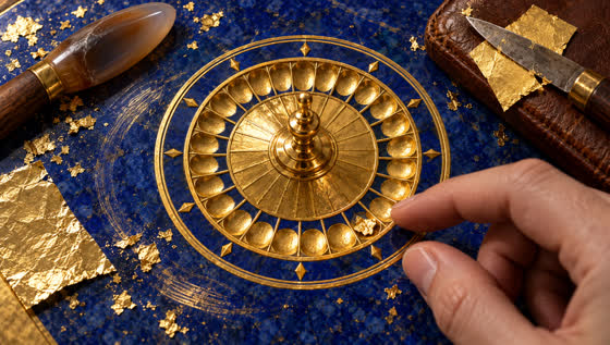 A gilded roulette rosette on lapis with one loose gold flake resting in a pocket