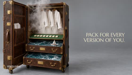 An open steamer trunk holding sea water, casino felt and spa steam